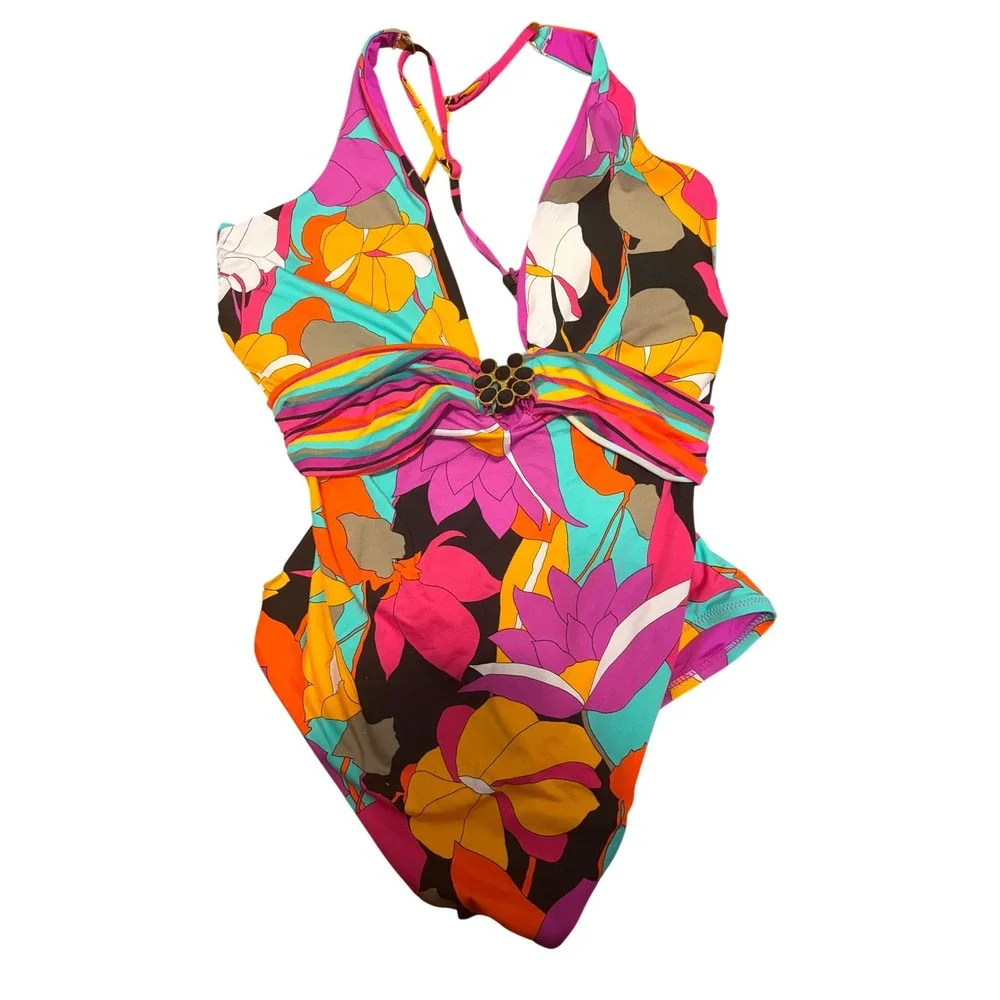 Trina Turk Gemini Plunge One Piece‎ Swimsuit Multicolor Black Hardware NWT 14